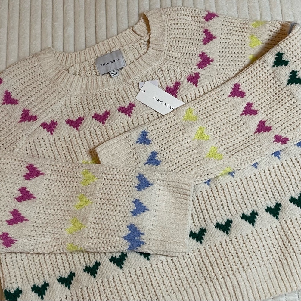 NWT | Pink Rose |  Women's Sweater with Colorful Heart Design